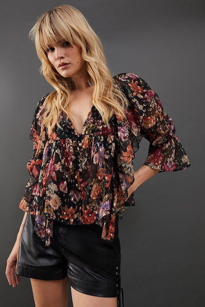 Warehouse Metallic Dobby Button Front Ruffle Detail Blouse