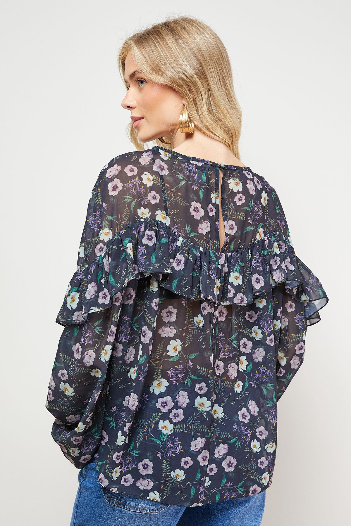 Oasis Printed Ruffle Yoke Balloon Sleeve Boho Blouse Black image 4