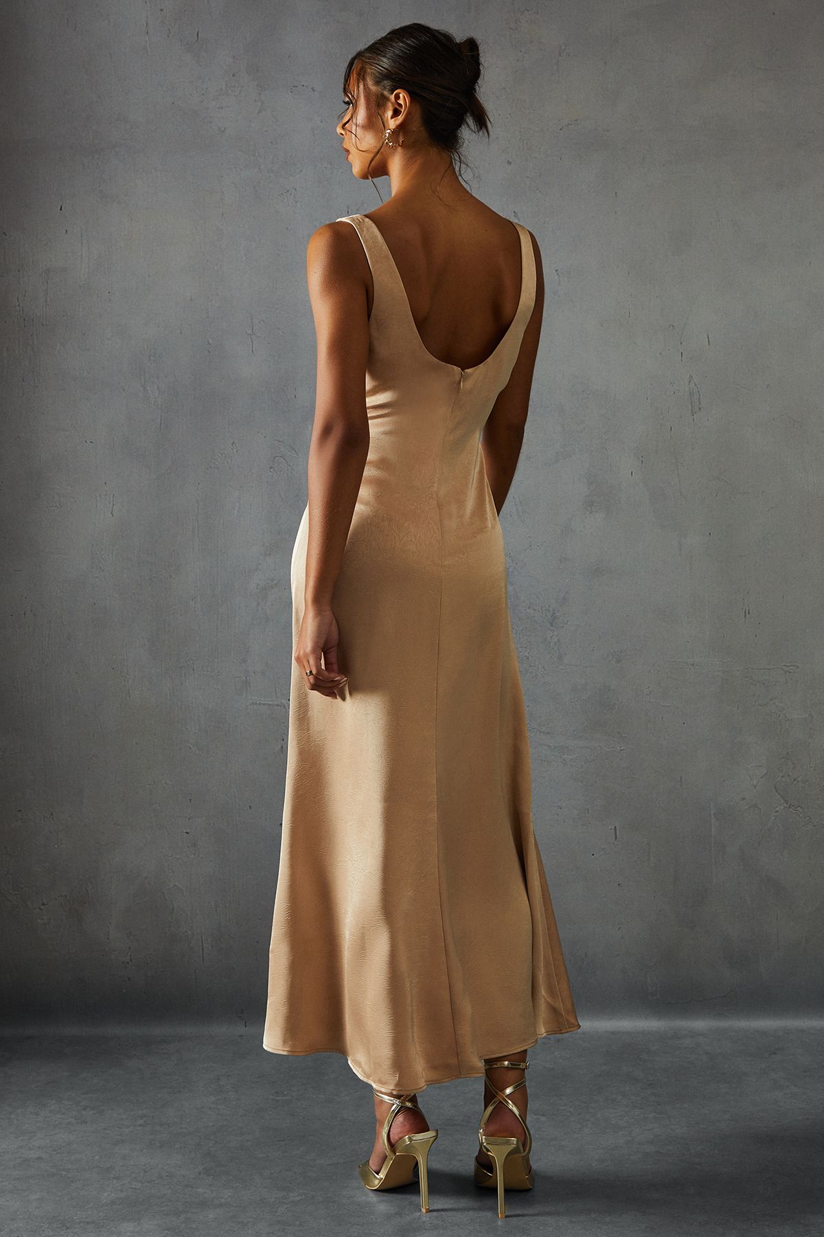 MissPap Crinkle Satin Scoop Neck Midaxi Dress Champagne image 3