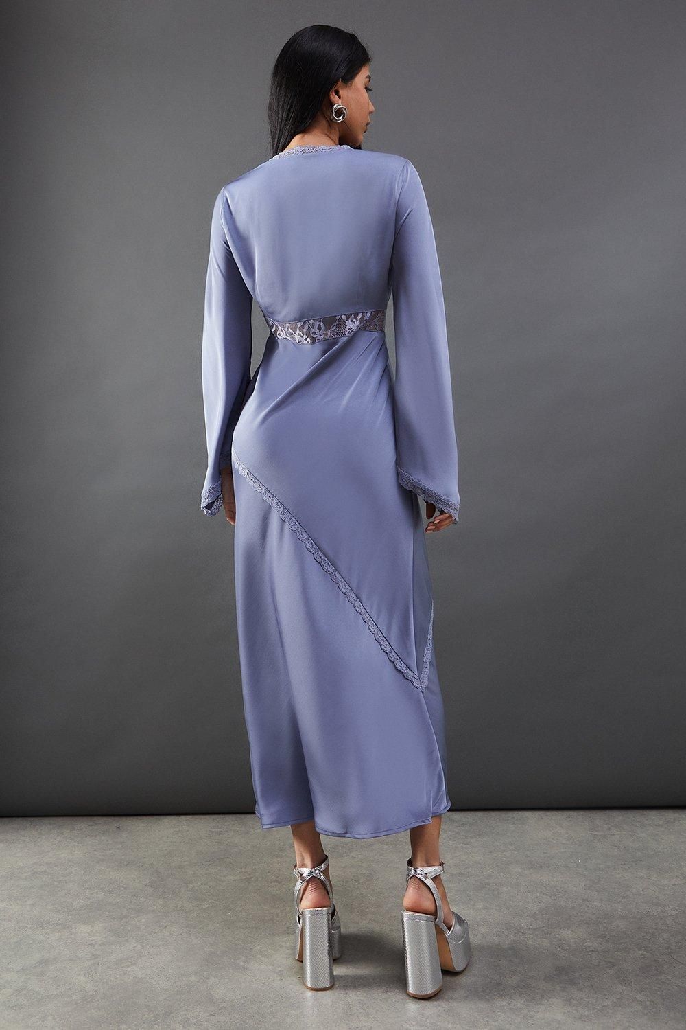 Warehouse Satin Lace Insert Flute Sleeve Midi Dress Denim-blue image 3