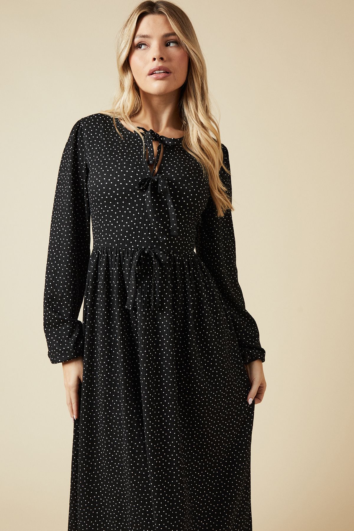 Dorothy Perkins Mono Spot Bow Tie Front Long Sleeve Midi Dress Mono image 2