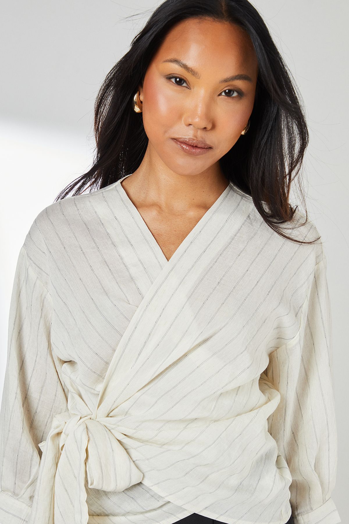 Principles Ivory Striped Linen Blend Wrap Top Ivory image 4