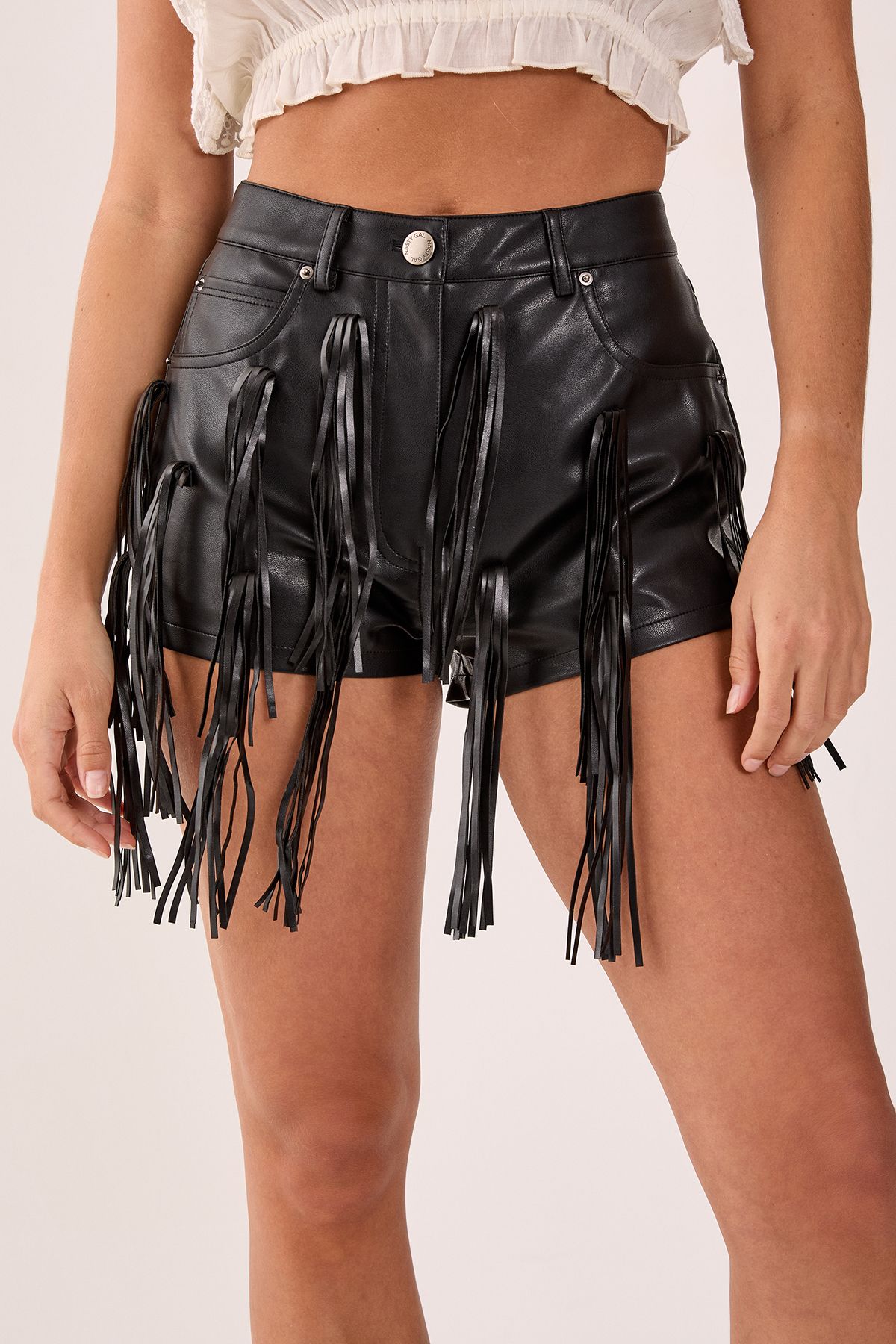 NastyGal Faux Leather Tassel Shorts Black image 2