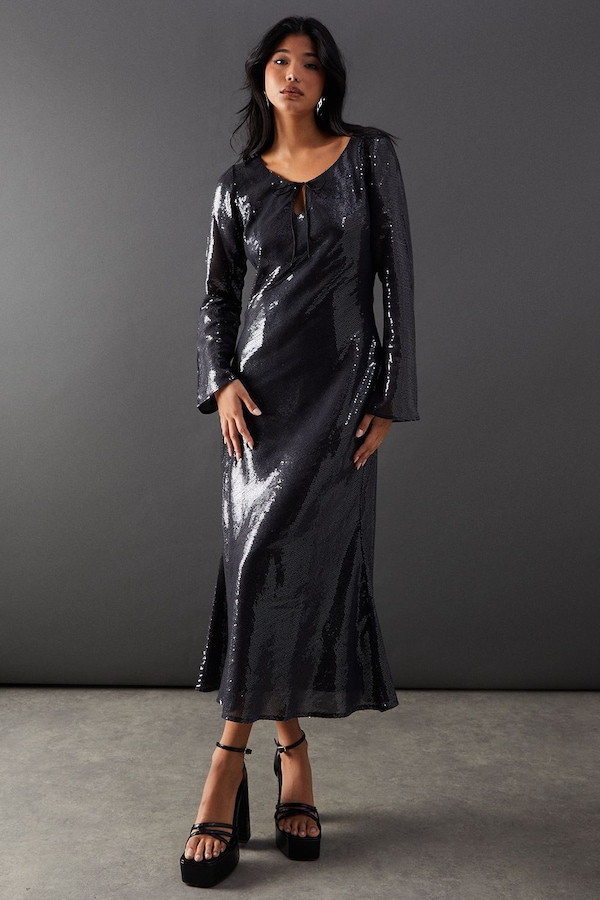 Warehouse Sequin Keyhole Tie Front Midi Dress Black