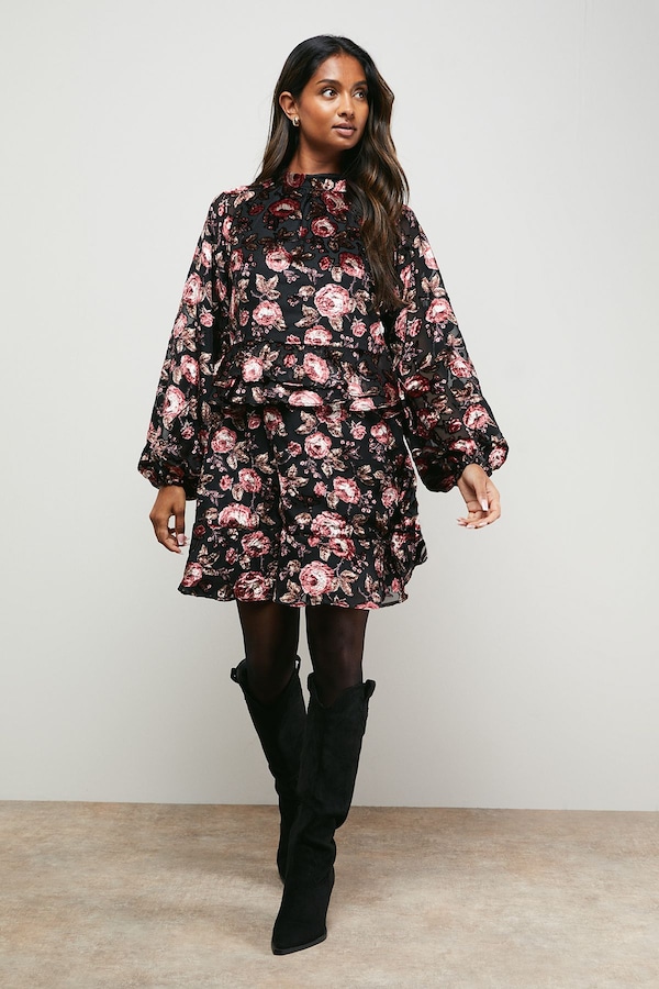 Oasis Devore Tiered Boho Mini Dress Rose