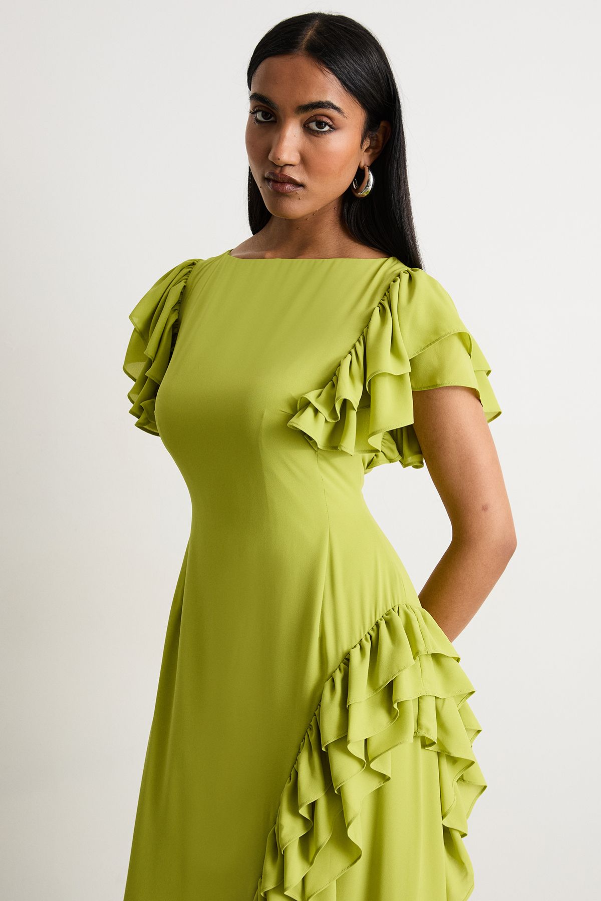 Warehouse Side Split Ruffle Detail Maxi Dress Lime image 2