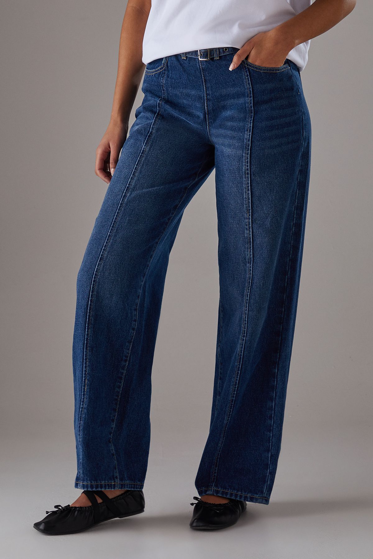Warehouse Denim Low Rise Seam Detail Belted Wide Leg Jean Mid Wash image 2