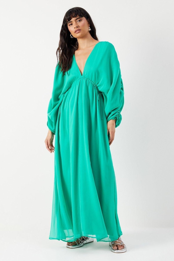 Warehouse Chiffon Pleat Plunge Neck Batwing Midaxi Dress Green