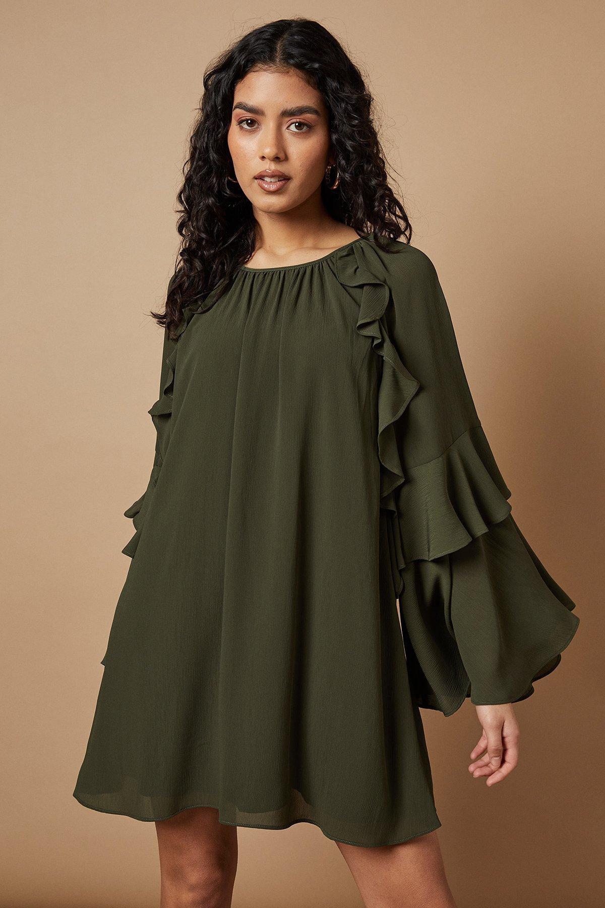 Oasis Petite Chiffon Ruffle Sleeve Mini Dress Khaki image 1