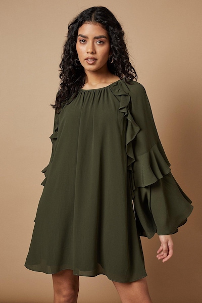 Oasis Petite Chiffon Ruffle Sleeve Mini Dress Khaki