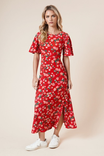 Dorothy Perkins Petite Red Floral Angel Sleeve Midi Dress Pink