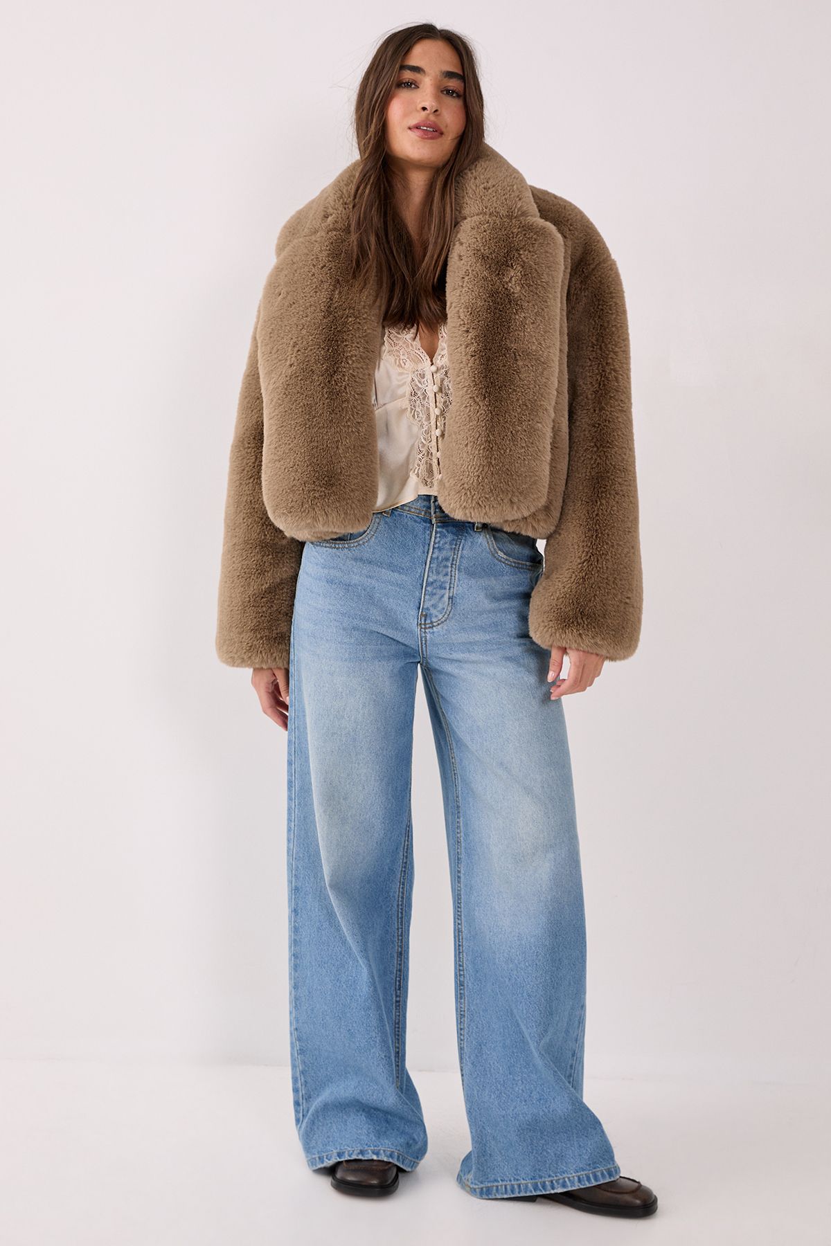 NastyGal Cropped Collar Faux Fur Jacket Mink image 2