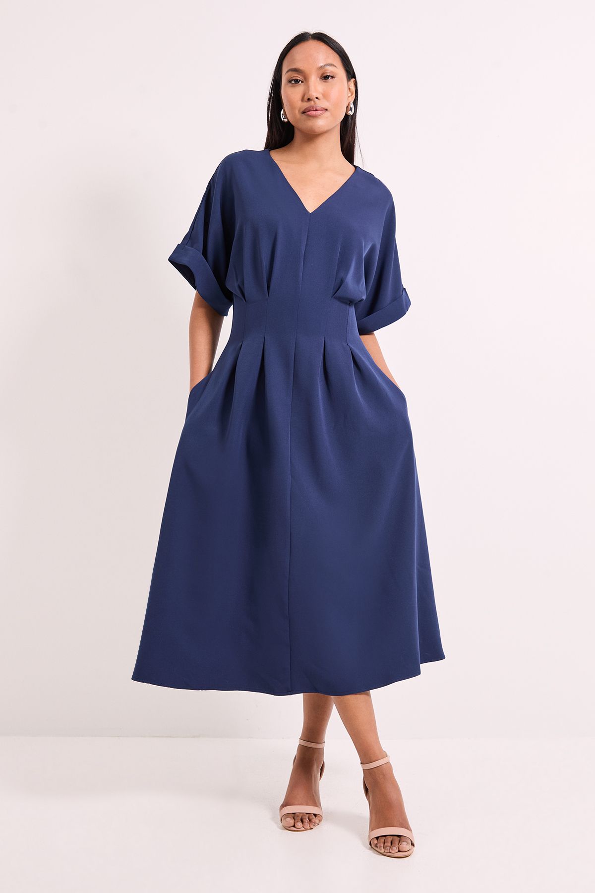 Principles Pleat Waist Relaxed Cuff Crepe Midi Dress Navy image 1