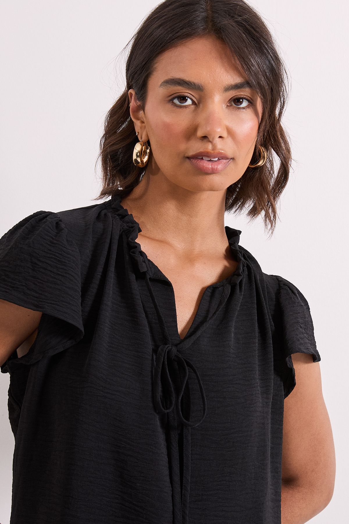 Dorothy Perkins Frill Sleeve Tie Front Top Black image 4