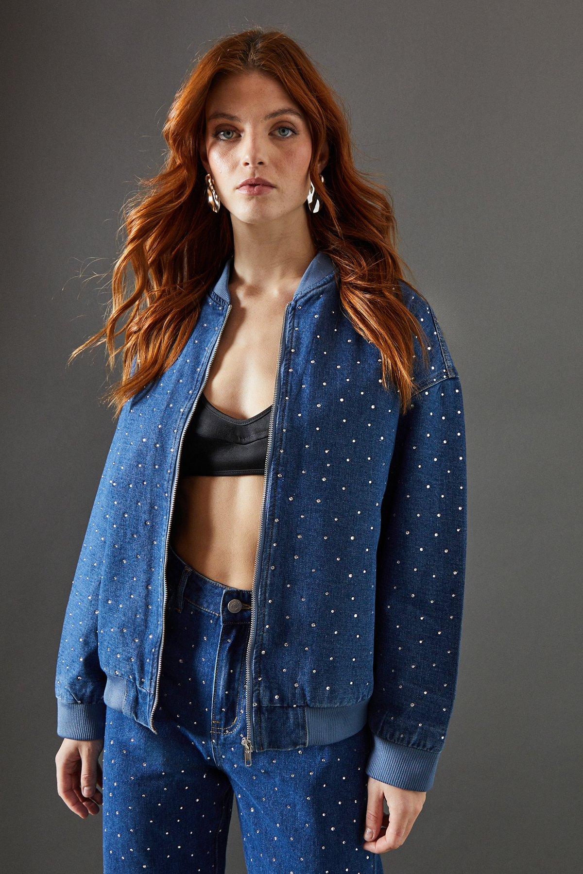 Warehouse Denim All Over Hotfix Bomber Jacket Dark Wash image 1