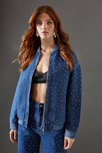 Warehouse Denim All Over Hotfix Bomber Jacket Dark Wash