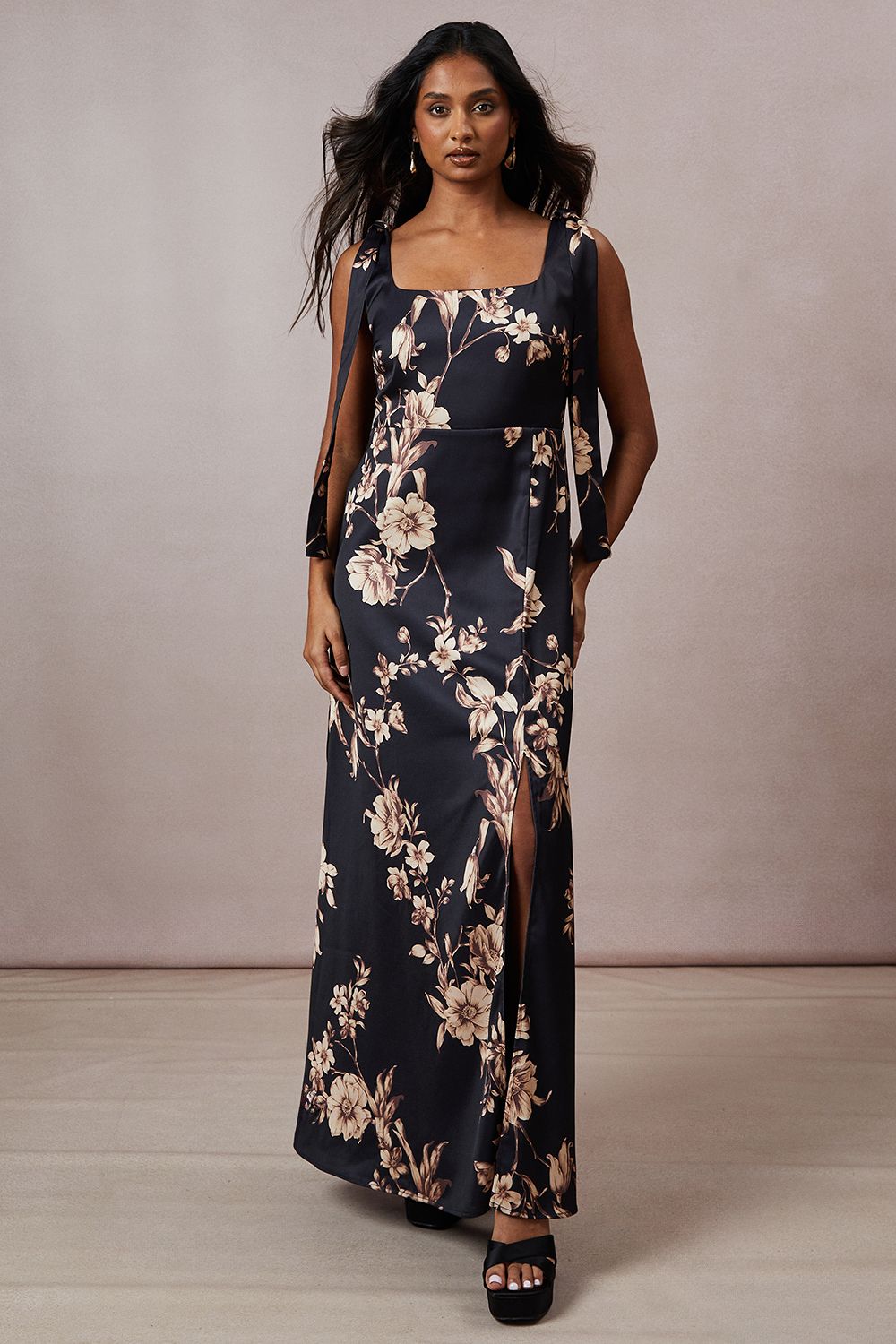 Oasis Floral Satin Tie Shoulder Maxi Dress Black image 4
