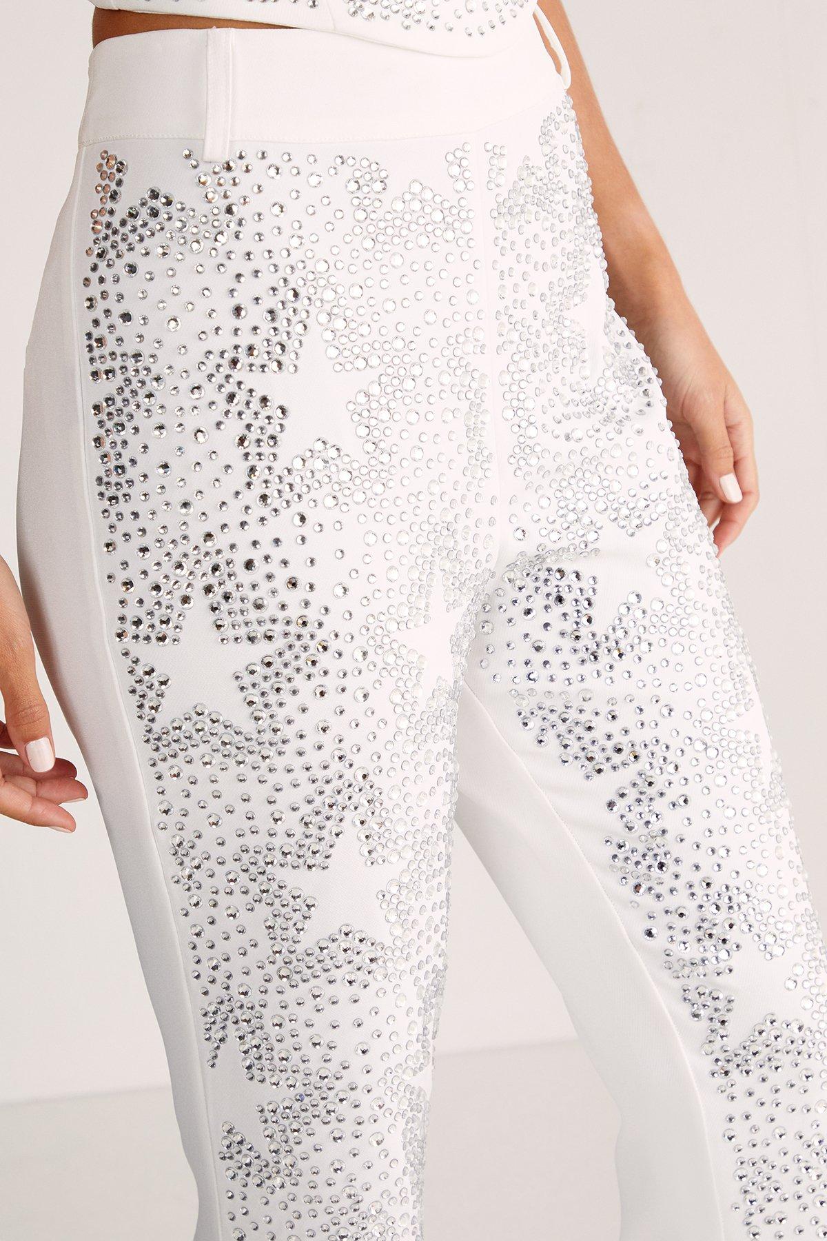 NastyGal Star Diamante Tailored Flare Trousers Ivory image 5