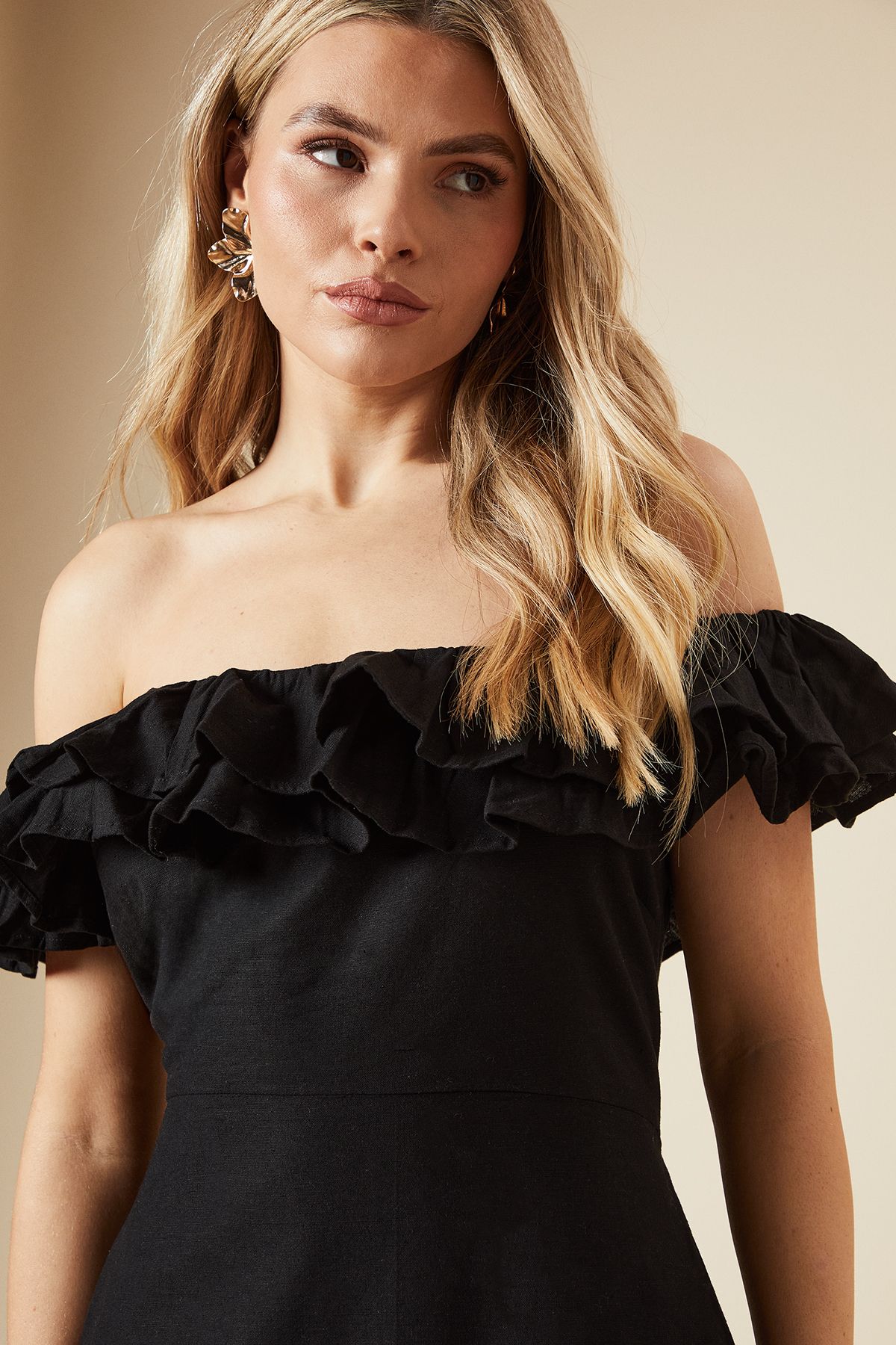 Dorothy Perkins Ruffle Bardot Linen Midi Dress Black image 4