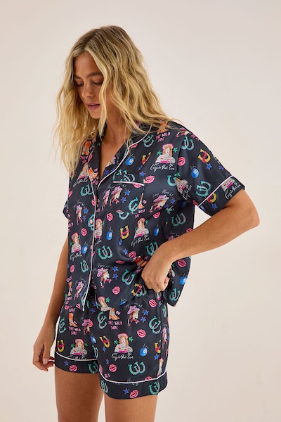 NastyGal Satin Western Conversational Contrast Piped Pajama Shorts Set Black