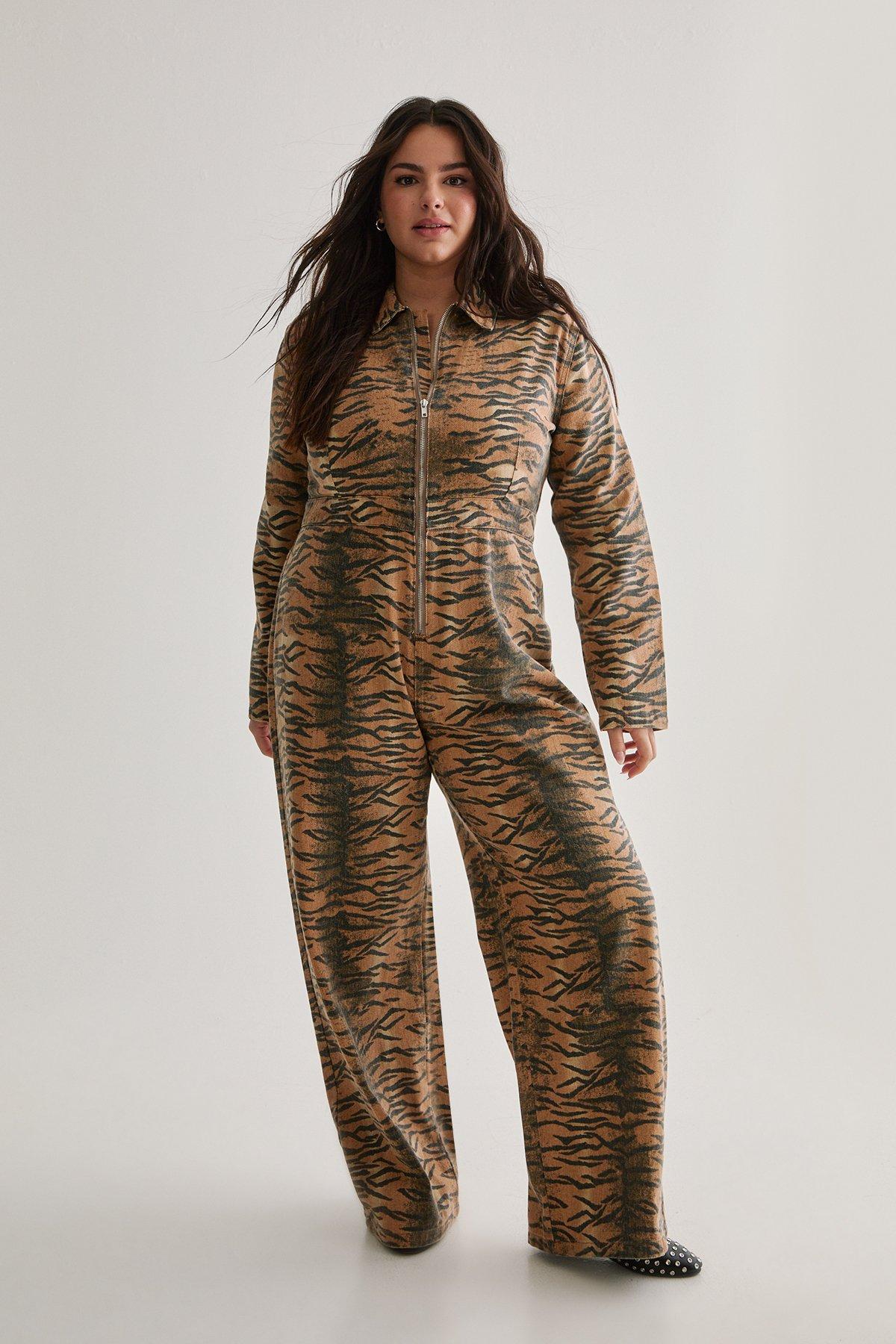 NastyGal Plus Tiger Print Denim Jumpsuit Animal image 1
