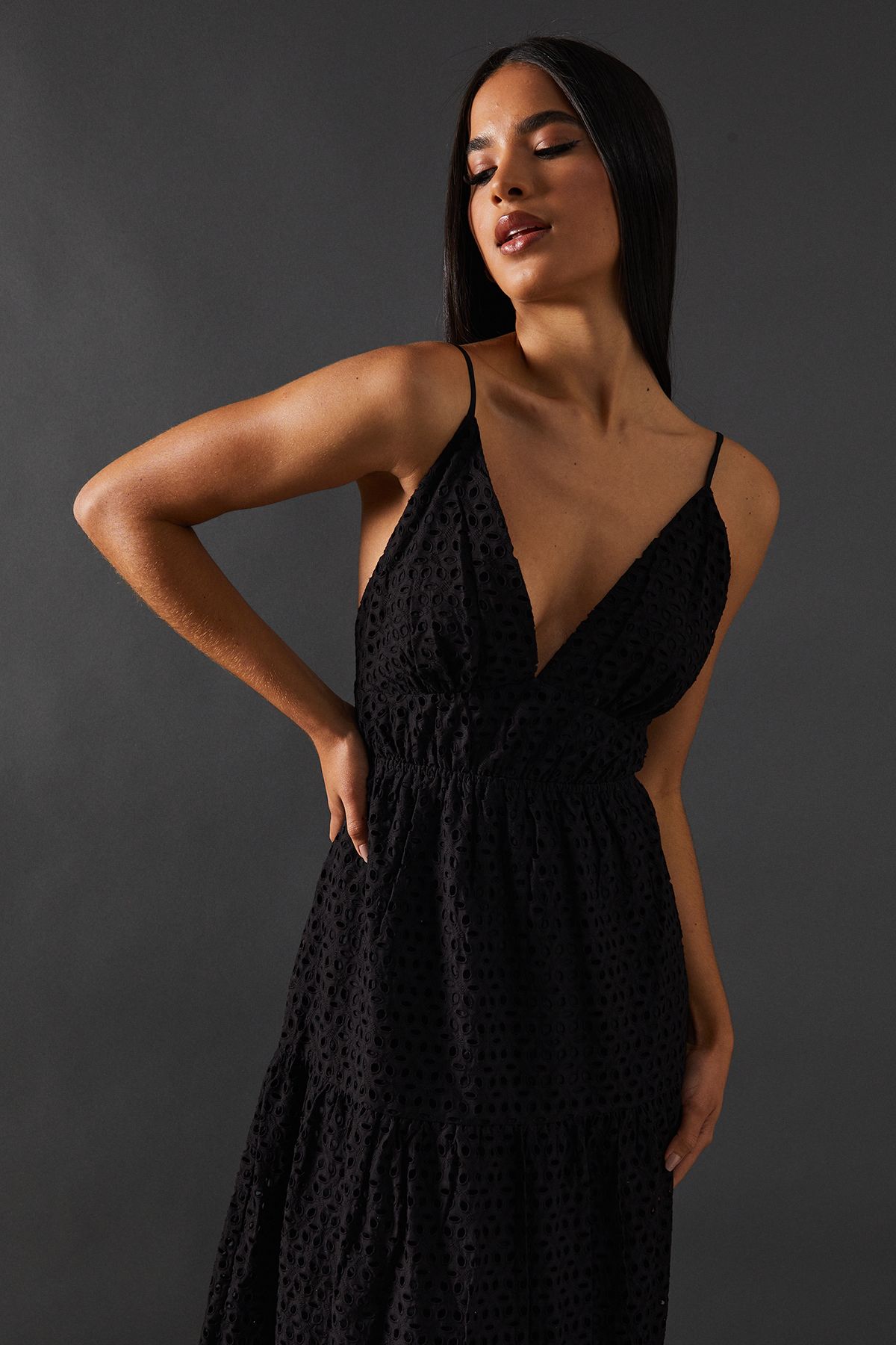 Warehouse Broderie Strappy Midi Sundress Black image 4