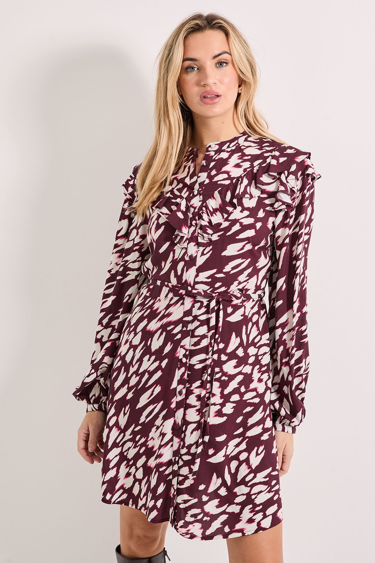 Dorothy Perkins Animal Frill Yoke Belted Mini Shirt Dress Animal