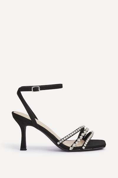 Linzi Bling Black Faux Suede Strappy Diamante Heel
