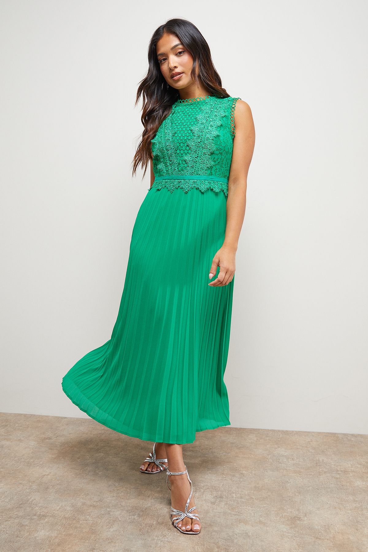 Oasis Petite Lace Pleated Sleeveless Midi Dress Green image 1