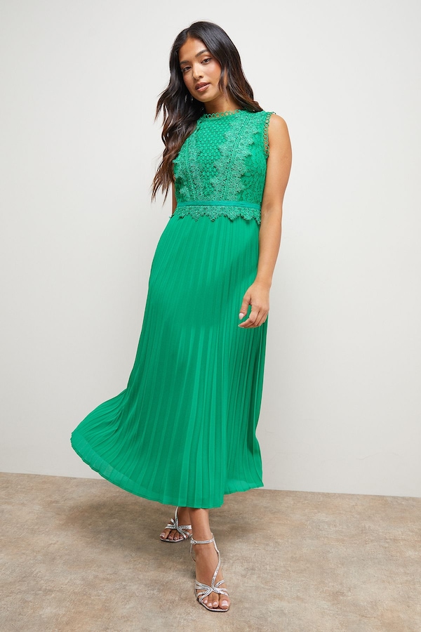 Oasis Petite Lace Pleated Sleeveless Midi Dress Green