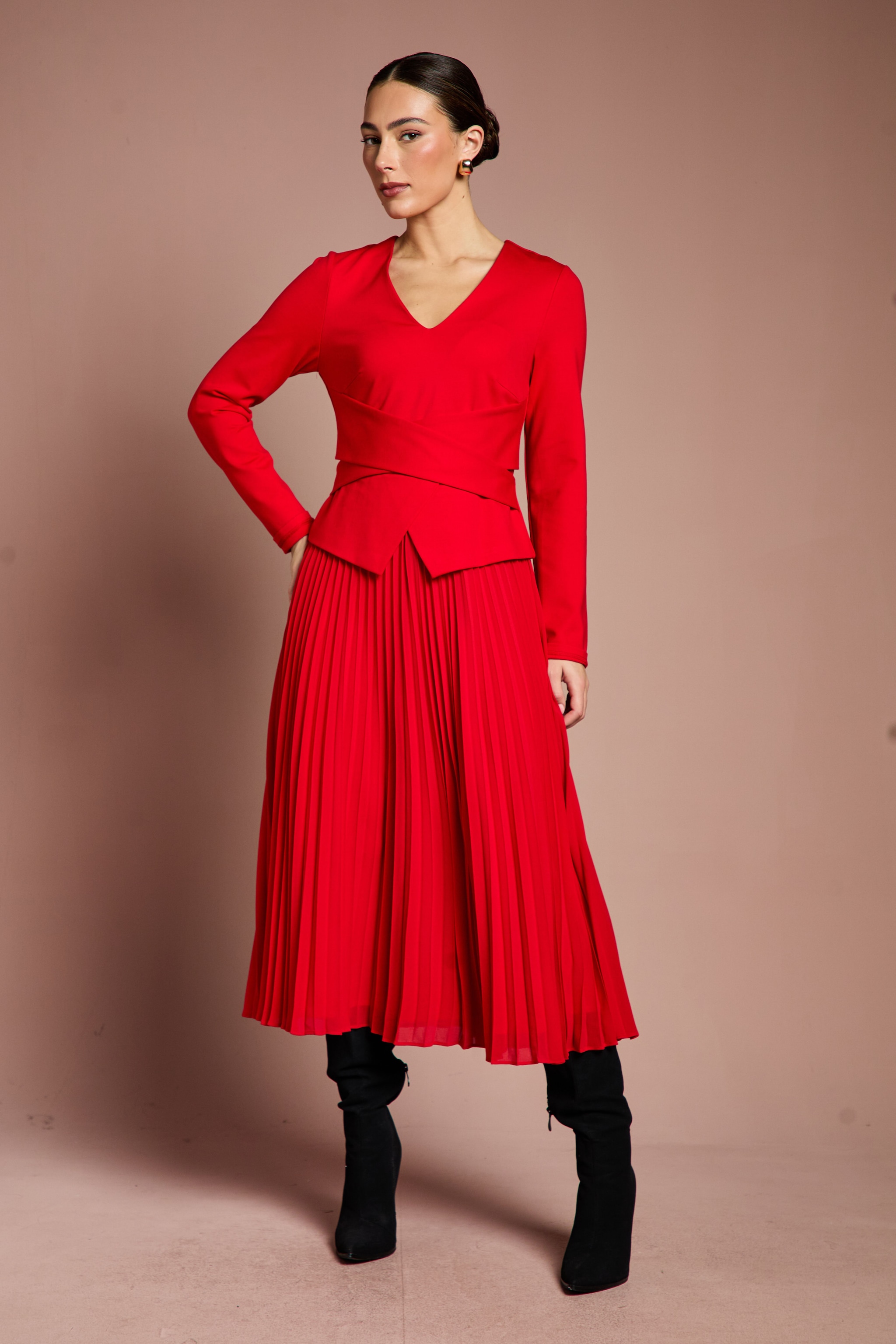 Coast Lisa Tan Long Sleeve Ponte Bodice With Pleated Skirt Midi Dress Red image 2
