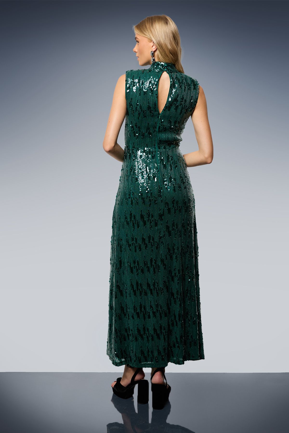 Oasis Sequin Lace Insert High Neck Shoulder Pad Midi Dress Forest image 3