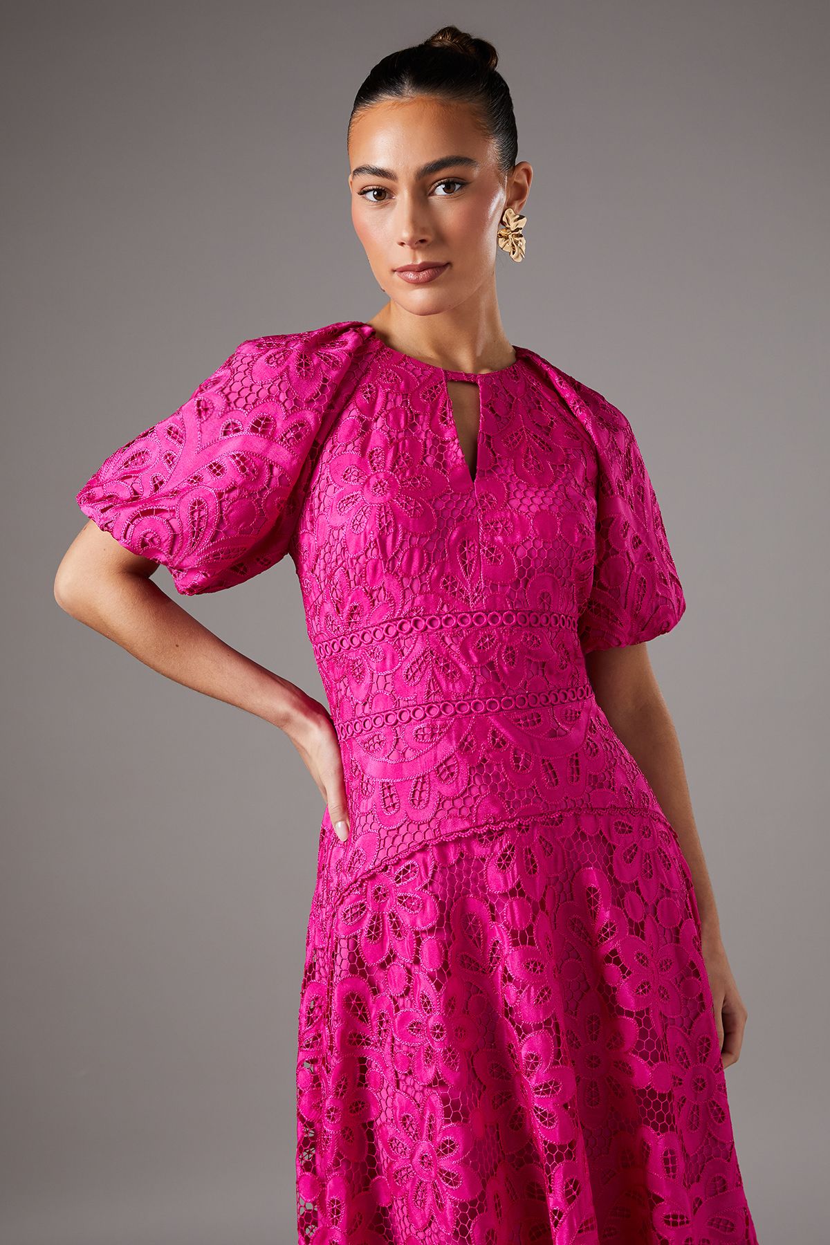 Coast Lace Hanky Hem Puff Sleeve Dress Pink image 2