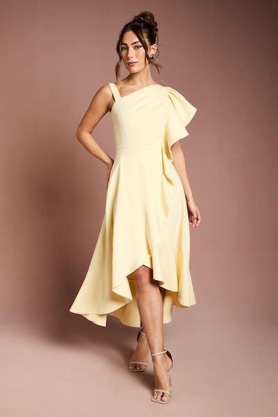 Coast One Shoulder Crepe Ruffle Midi Dress Lemon