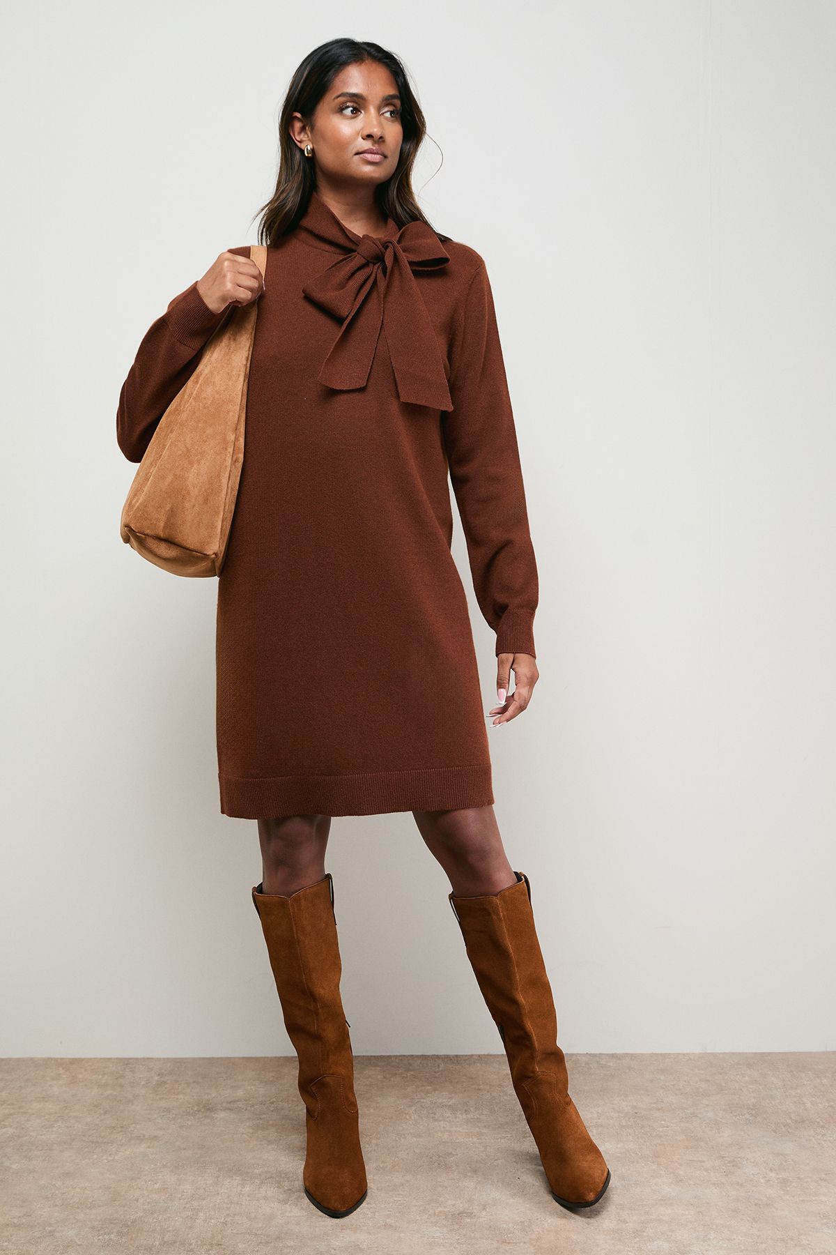 Oasis Pussy Bow Knitted Mini Dress Chocolate image 1