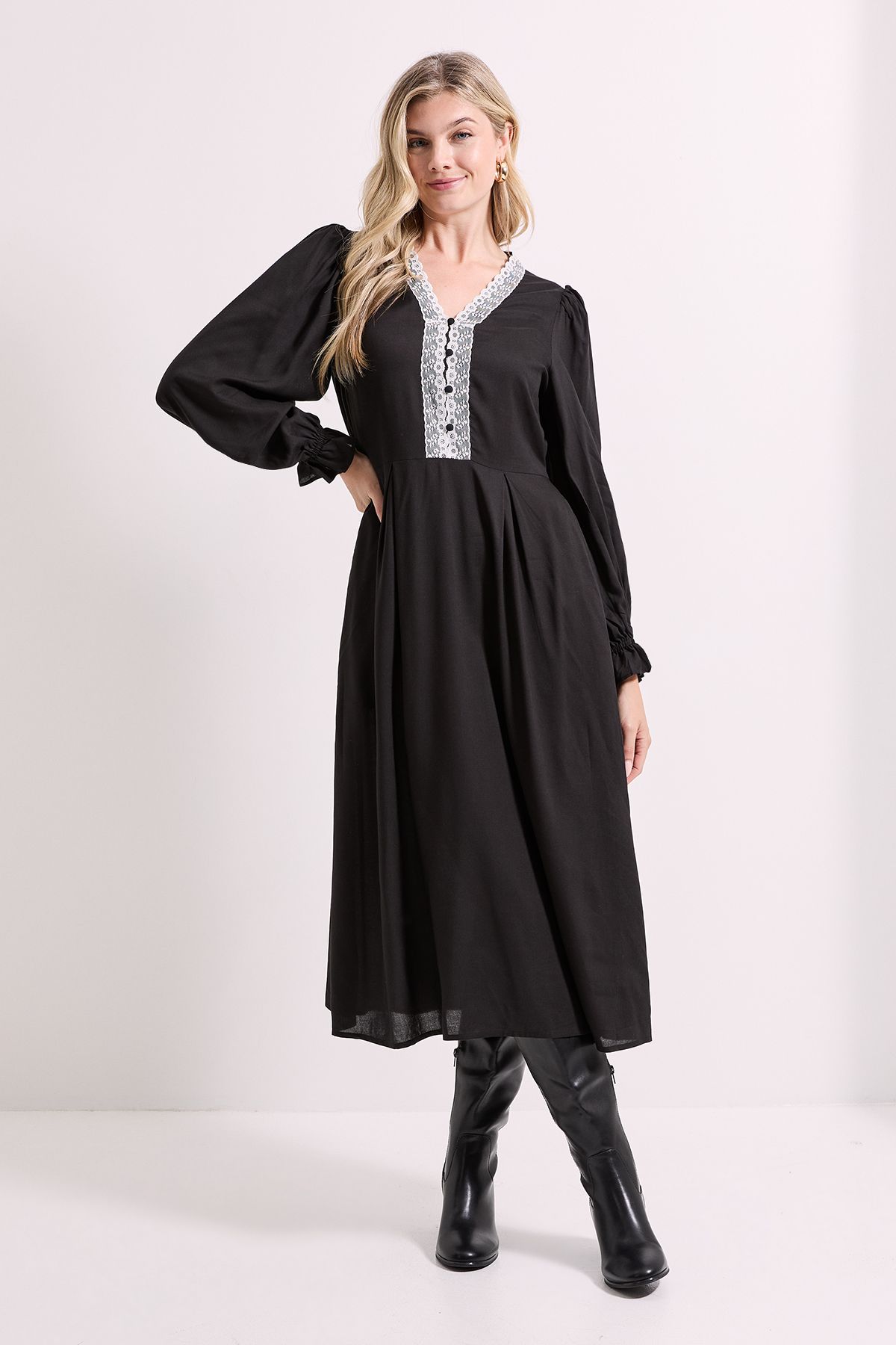 Dorothy Perkins Lace Trim Blouson Sleeve Midi Dress Black
