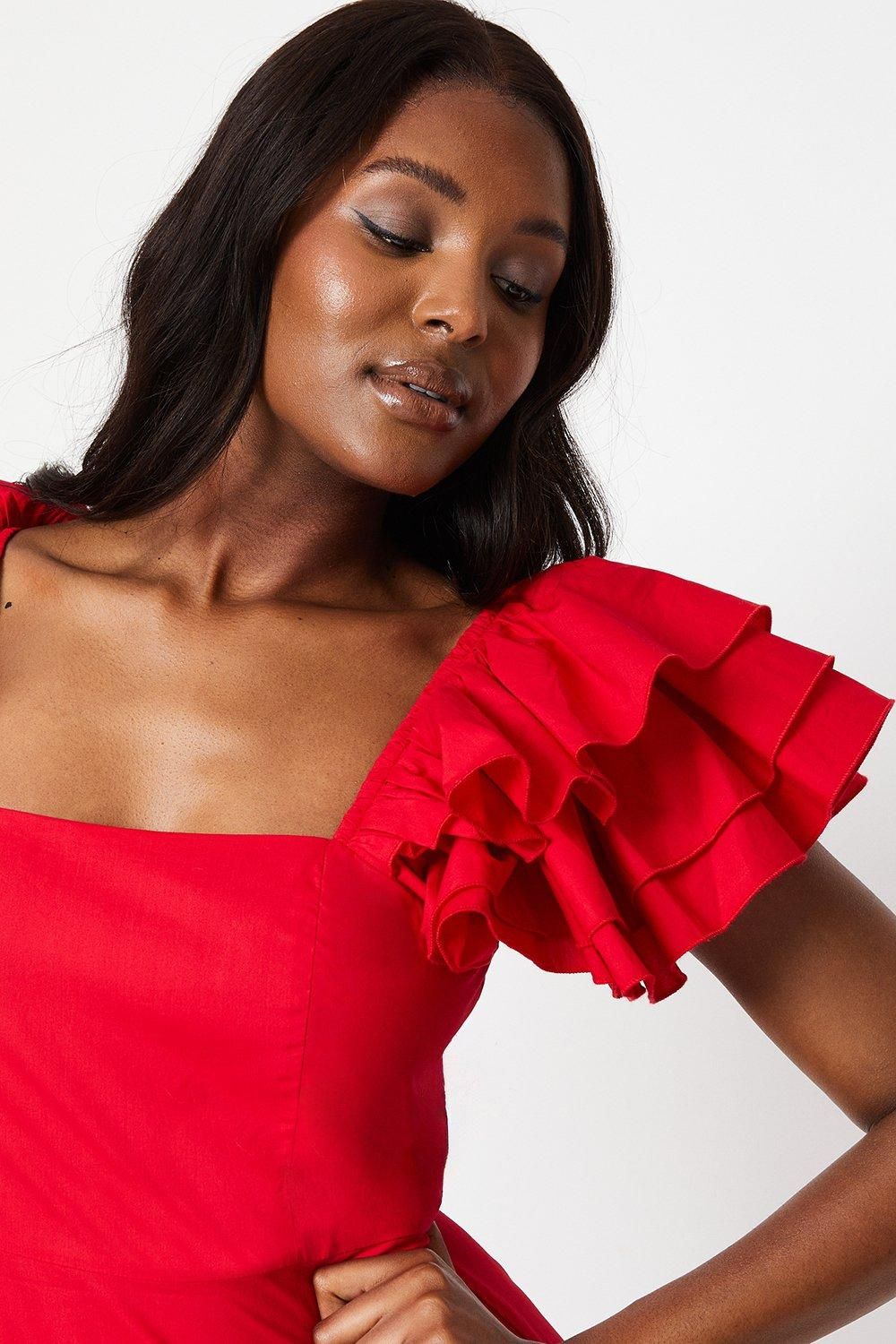 Coast Frill Sleeve Ruffle Skirt Cotton Midi Dress Red image 2