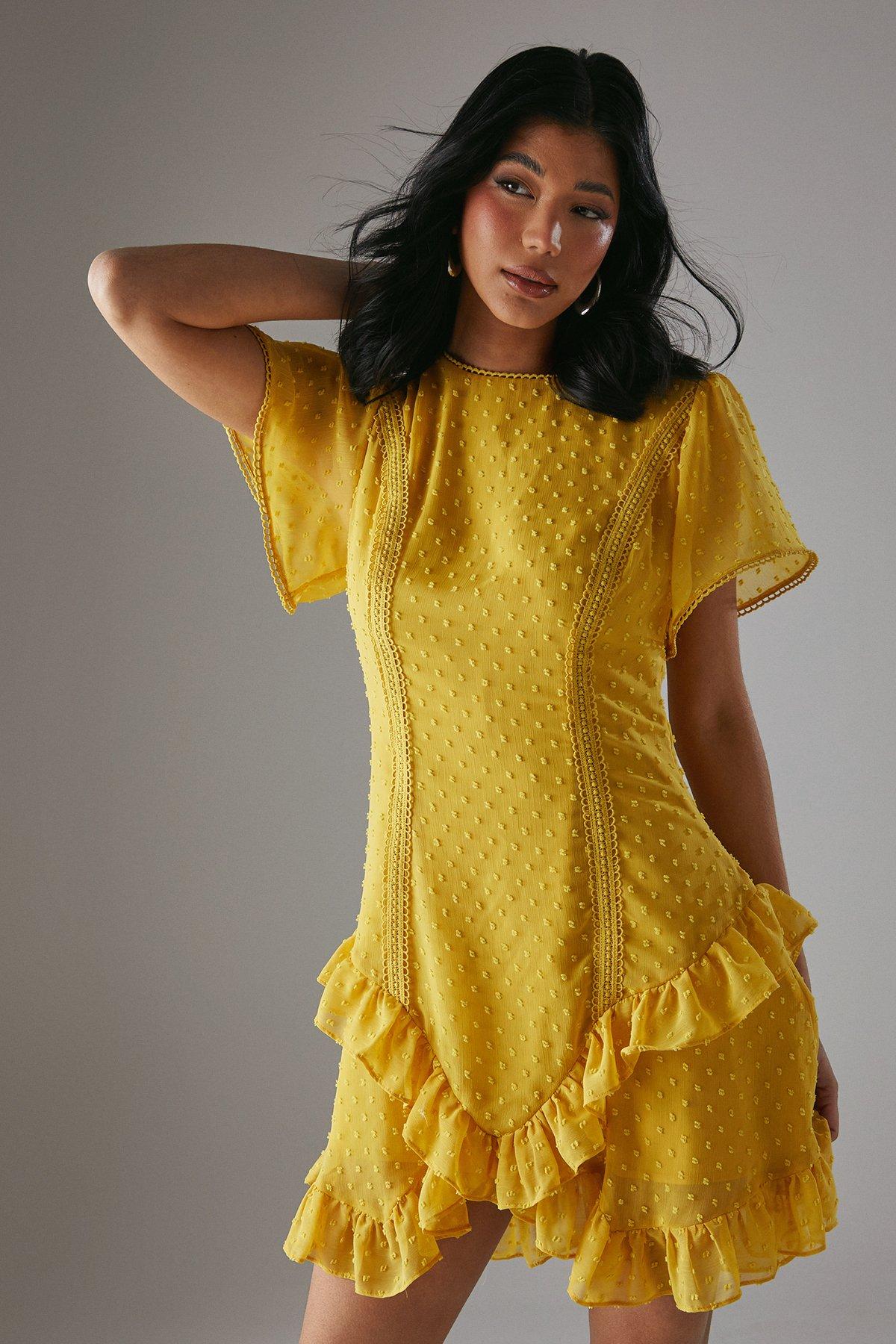 Warehouse HCD Dobby Chiffon Lace Trim Ruffle Mini Dress Mustard image 2