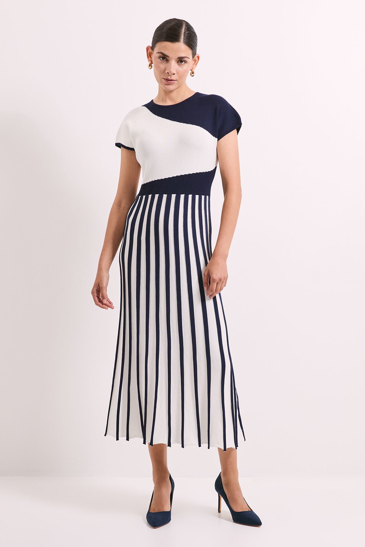 Principles Navy Colour Block Pleated Knitted Dress Navy image 1