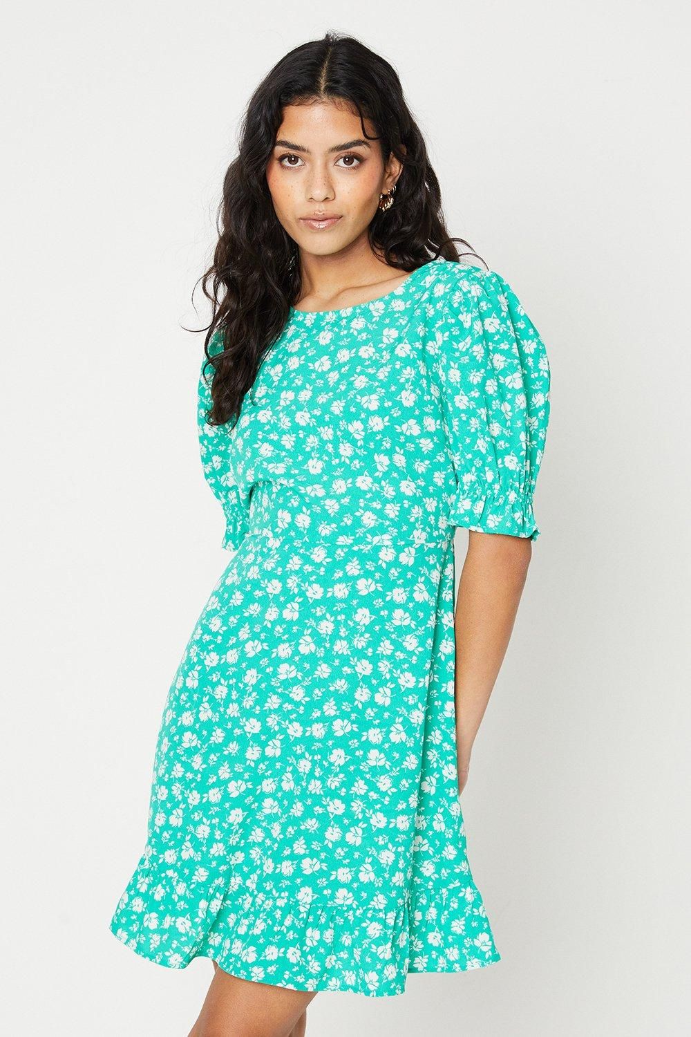 Dorothy Perkins Petite Green Floral Frill Hem Mini Dress Green