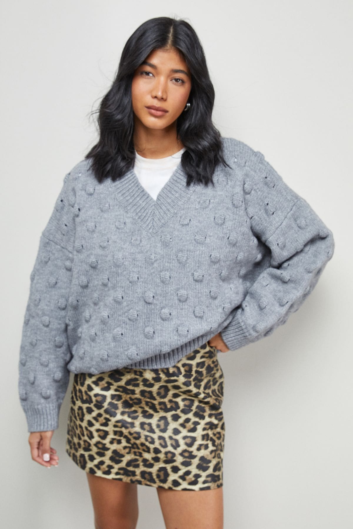 Warehouse Bubble Knit Slouchy V Neck Jumper Grey Marl