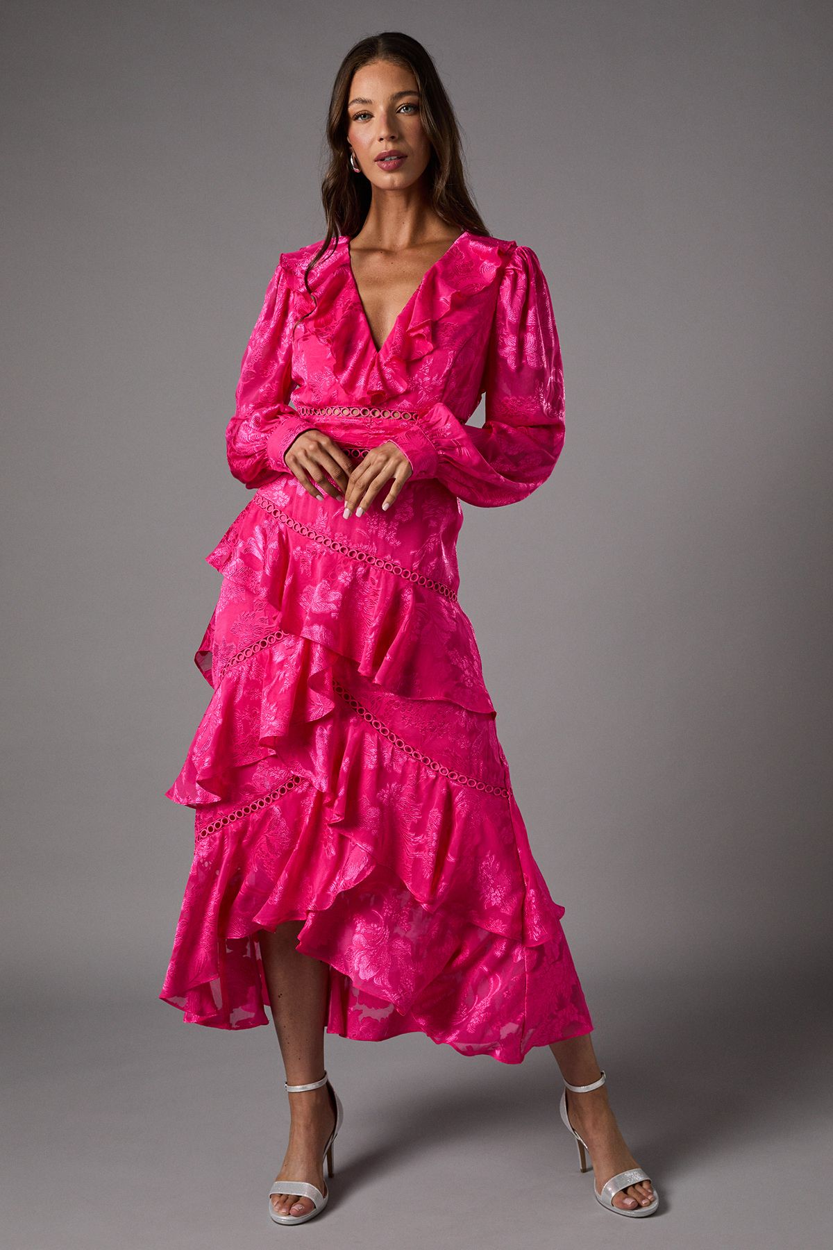 Coast Long Sleeve Jacquard Midaxi Dress With Frills Pink image 1