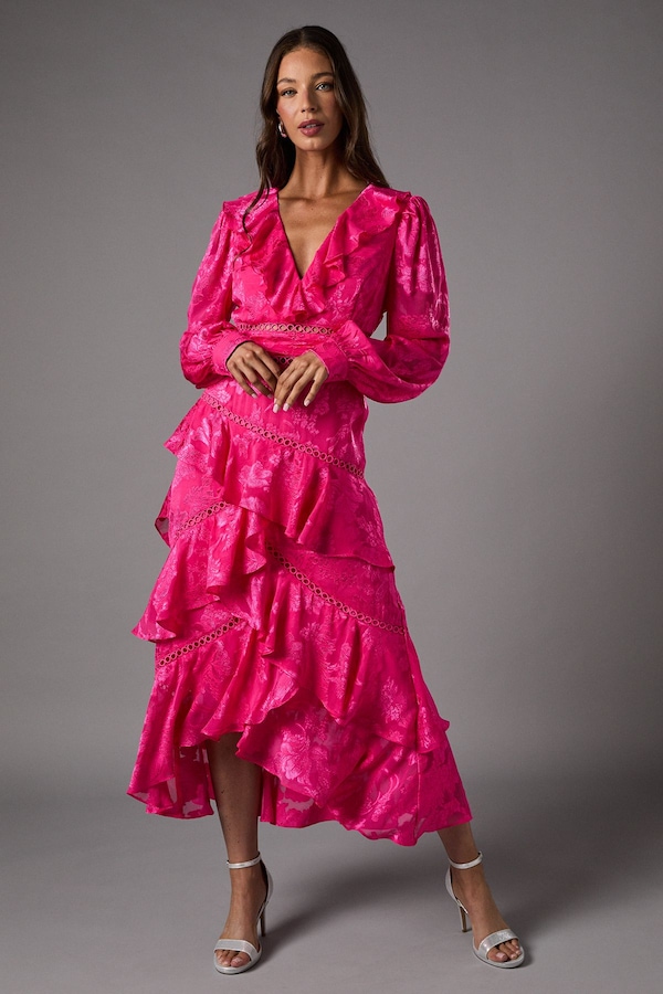 Coast Long Sleeve Jacquard Midaxi Dress With Frills Pink