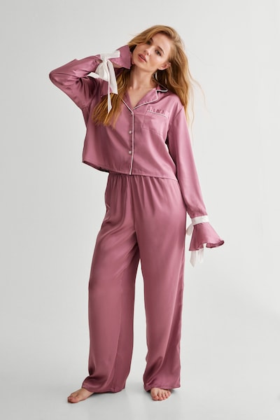 NastyGal Satin Contrast Tie Cuff Pajama Shirt And Pants Set Mauve