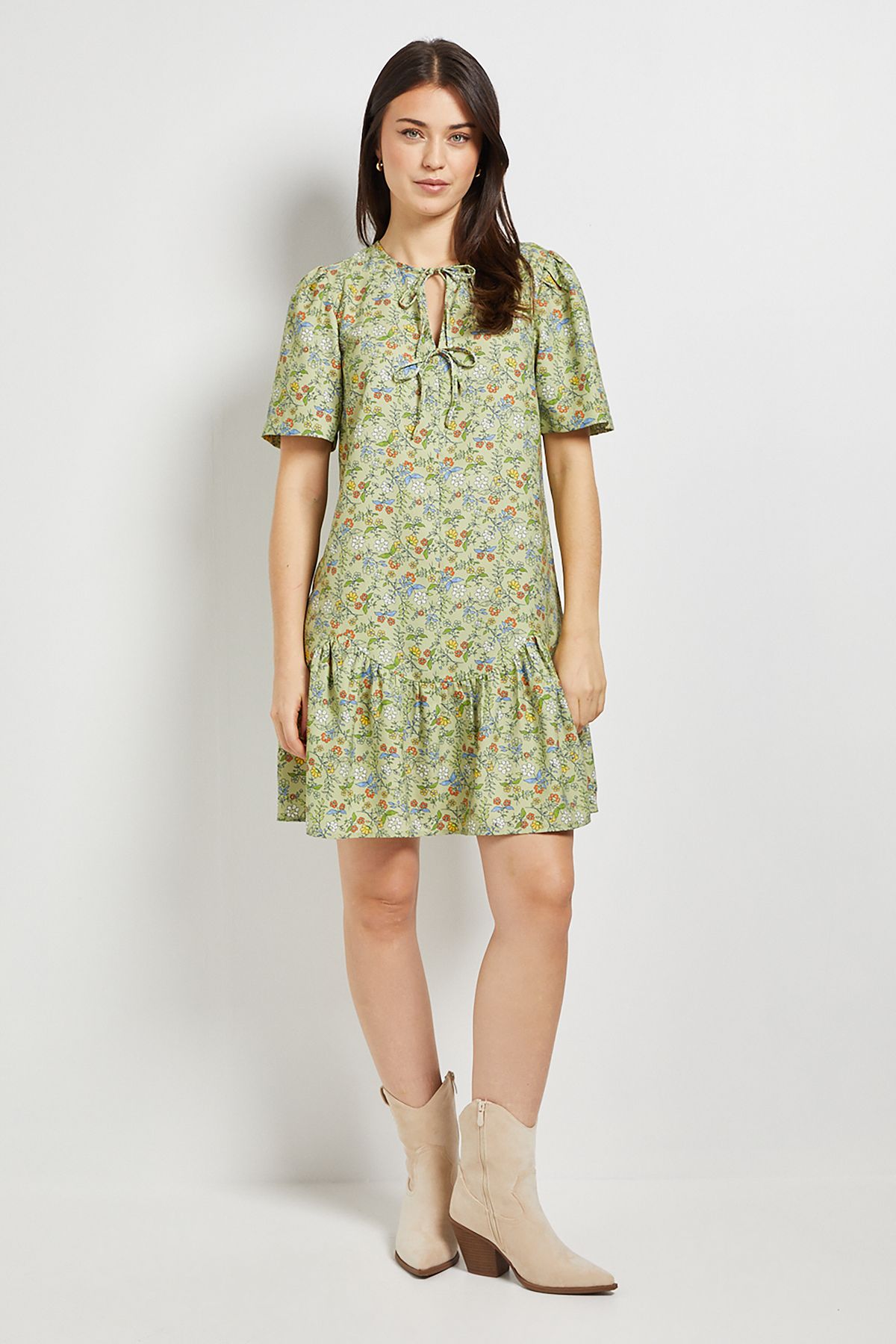 Dorothy Perkins Green Floral Tie Detail Drop Hem Printed Mini Dress Green