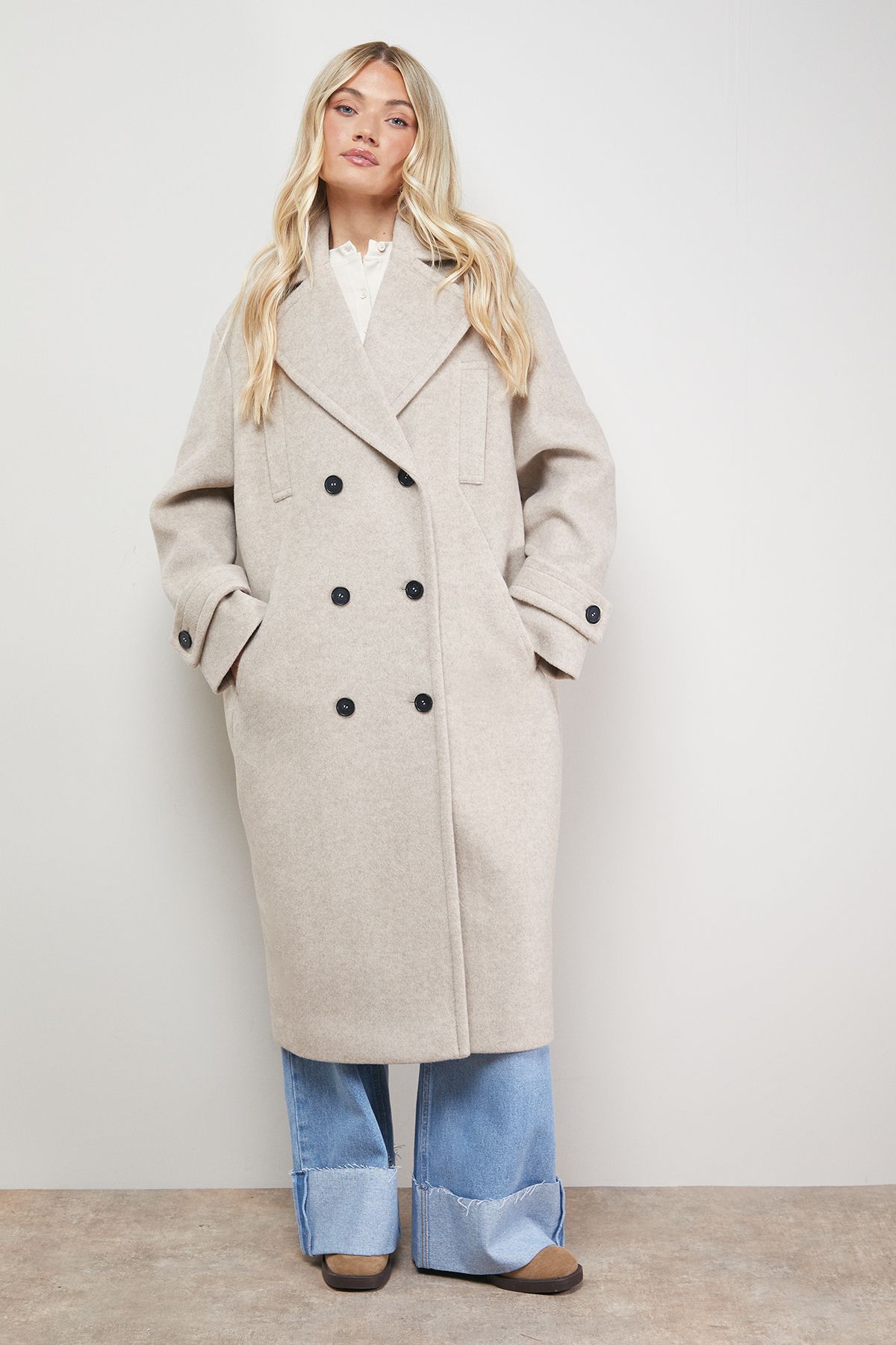 Oasis Brushed Relaxed Reefer Coat Stone image 2