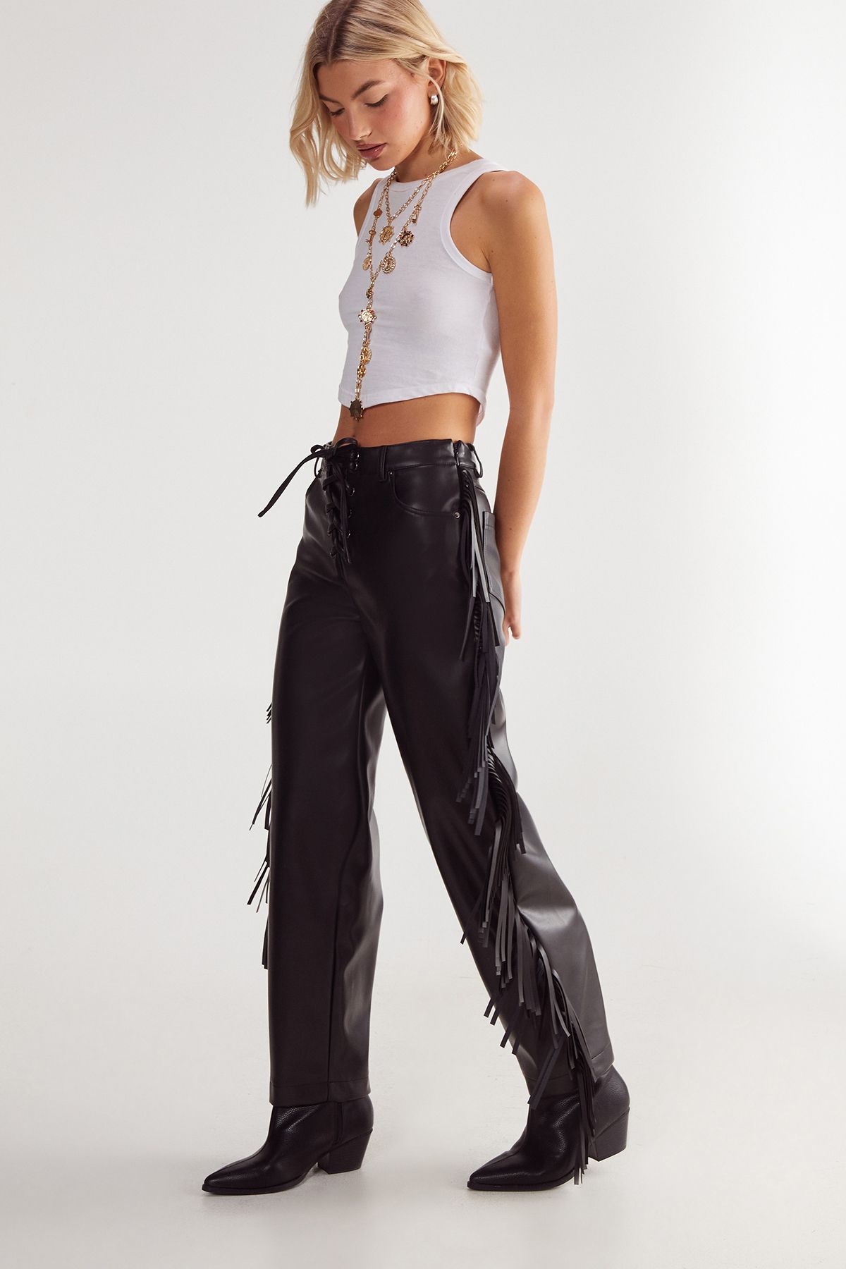 NastyGal Fringe Faux Leather Trousers Black image 1
