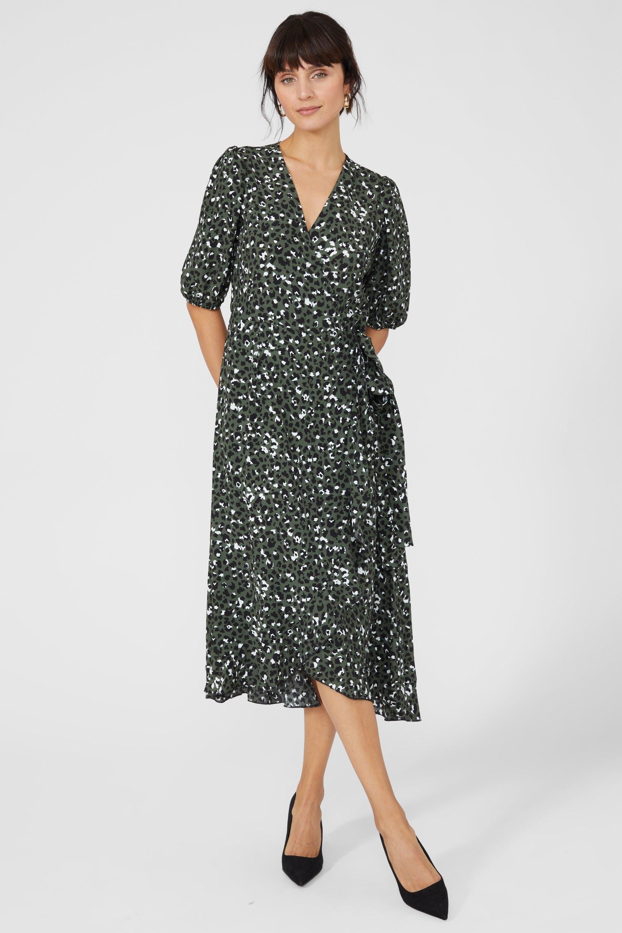 Principles Petite Wrap Ruffle Hem Midi Animal