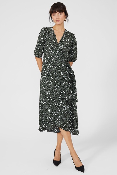 Principles Petite Wrap Ruffle Hem Midi Animal