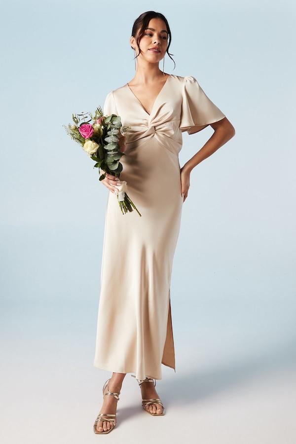 Oasis Satin Twist Front Angel Sleeve Midi Bridesmaid Dress Champagne